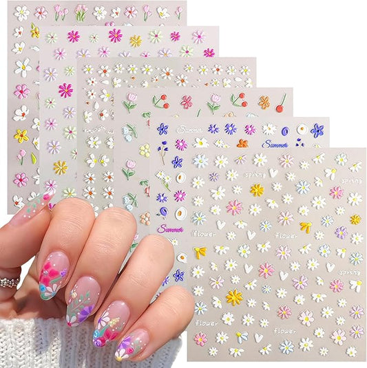 6 Sheets Flower Nail Art Stickers Colour Daisy Nail Decals 5D Embossed Pink White Floral Nail Design Stickers Spring Nail Decor Self-Adhesive Design Flower Acrylic Nail Art Supplies for Women