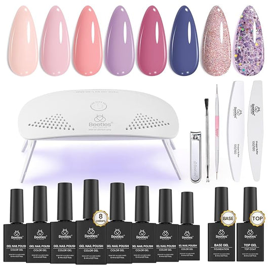 Beetles Gel Nail Polish Kit with U V Light, Gel Polish Starter Kit Soak Off Nude Gray Purple Mauve Light Pink LED Nail Lamp Base Gel Top Coat DIY Home Valentines Day Gifts for Her