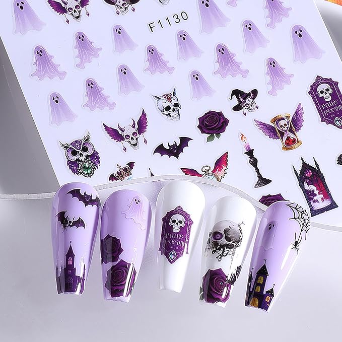 6 Pcs Halloween Nail Art Stickers,Cute Bear and Cat 3D Self-Adhesive Nail Decals with Designs Skull Pumpkin Nail Decorations Halloween DIY Manicure Supplies for Women Girls