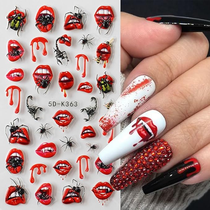 2 Sheets Halloween Nail Art Stickers 5D Embossed Horror Ghost Nail Stickers Big Red Lips Pumpkin Devil's Flame Eye Bat Design Terror Spider Mummy Nail Decals for Women Acrylic DIY Nail Decorations