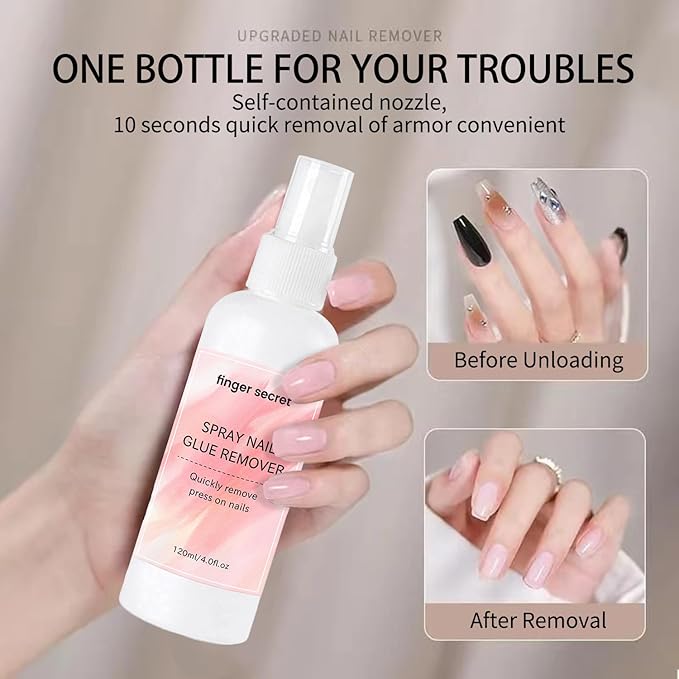 Spray Nail Glue Remover 60ml/2FL.OZ (2pcs)& Nail Scraper,Professional Nail Remover For Wear Nail Press On Nails, Easily & Quickly Remove Fake Nails Nail Tips, Doesn't Hurt Nails﻿