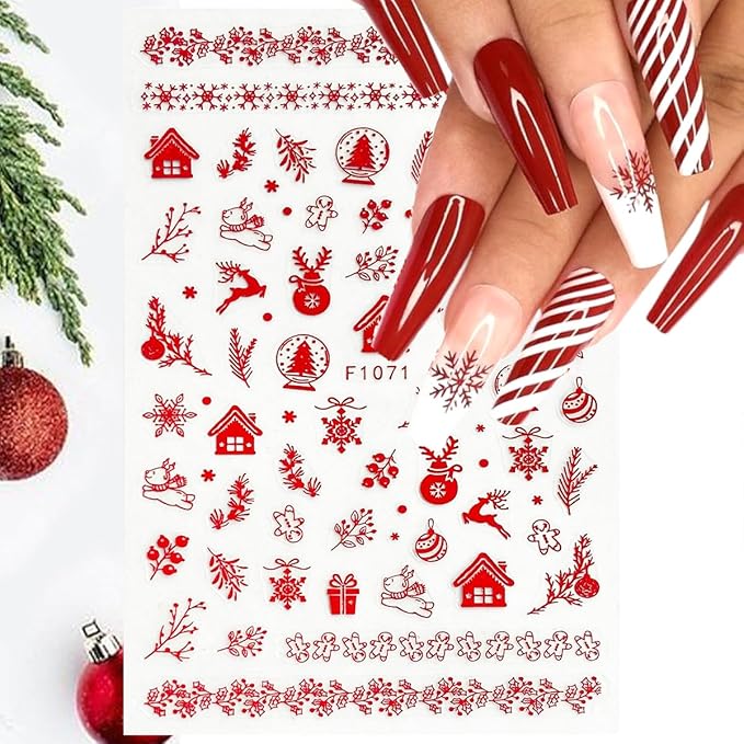 8 Sheets Christmas Nail Stickers 3D Self-Adhesive Winter Santa Claus Decals Glossy Black Red Reindeer Snowflake Bell Elk Xmas Trees Art Supplies for DIY Nails
