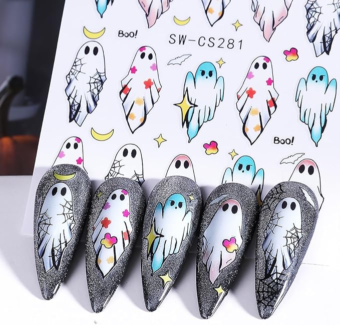 Halloween Nail Art Stickers, Cute Cartoon Ghost Nail Art Decals 3D Self-Adhesive Spider Bat Pumpkin Skull Flowers Nail Design 4Pcs Halloween Nail Art Supplies for Women Nail Decoration