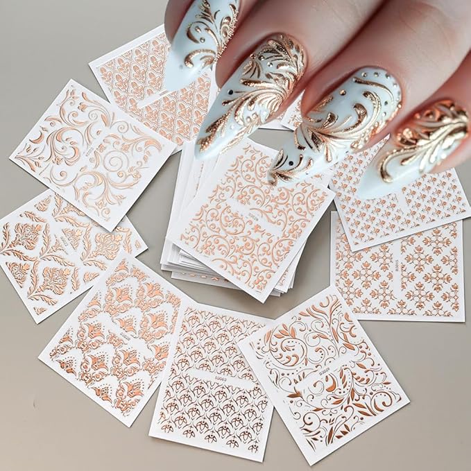30 Sheets Rose Gold Lace Line Nail Stickers 3D Self Adhesive Nail Art Charms Sticker Decals for Crafts Supplies Accessories (ST-RG)