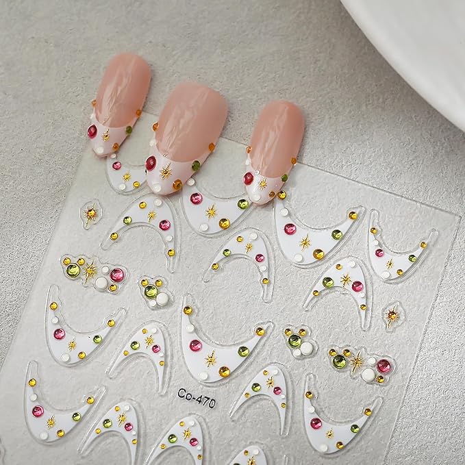 1 Sheets White French Tip Nail Decals for Nail Art 5d Star Diamond Nail Stickers Embossed French Tips Nail Art Stickers Self-Adhesive Colorful Rhinestones Stars Nail Design Sticker for Women