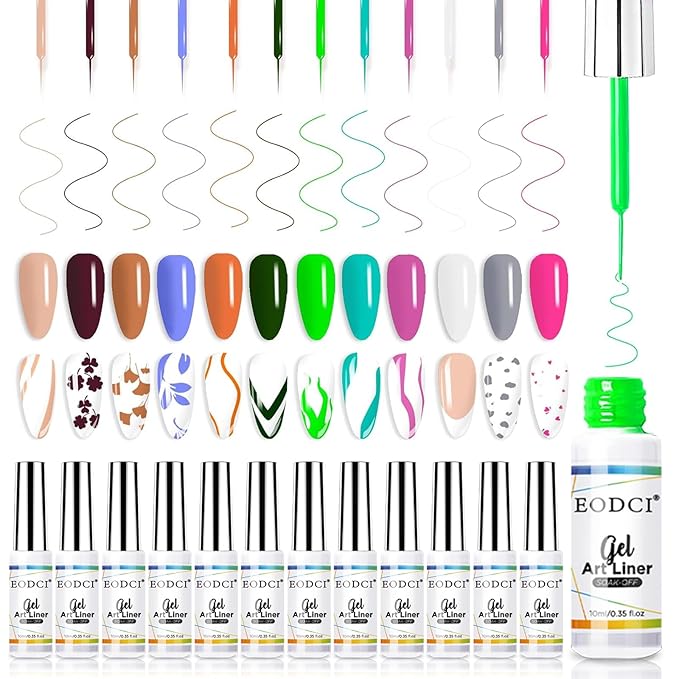 Nail Art Gel Liner Set, 12 Colors White Bown Nude Grey Purple Green Glitter Fall Winter Gel Polish for Swirl French Tip Painting Designs Soak Off Built Thin Brush DIY Nail Design Kit