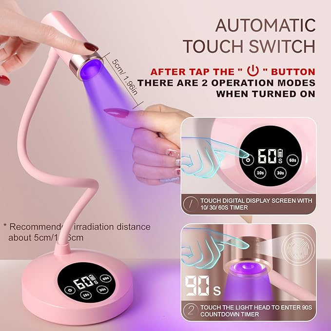 AORAEM UV LED Nail Lamp, Rechargeable Gooseneck Lamp for Gel Nails 12W Quick Dry LED Nail Light Nail Dryer with 4 Timers & Auto Sensor, Professional Flash Cure Light for Gel Nails Home DIY Pink