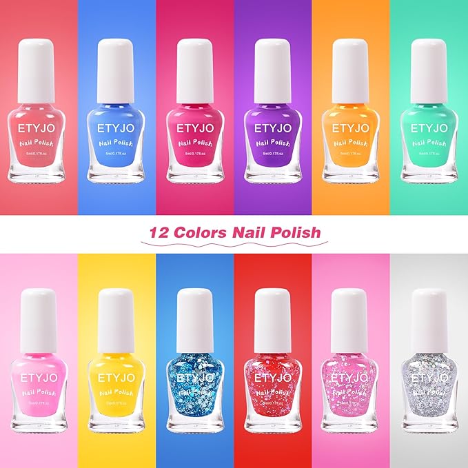 Kids Nail Polish Non-Toxic Nail Polishs 12 Colors Glitter Kids Nail Polish Set for Girls, Water-Based Peel-off Quick-Drying Nail Polish Toddler Perfect Birthday Gifts