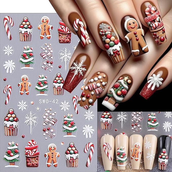Xmas Nail Art Stickers Decals 5D Embossed Santa Claus Snowman Gingerbread Man Christmas Tree Snowflakes Elk Pattern Nail Decals Cute Nail Stickers for DIY Christmas Party Nail Designs 4 Sheets