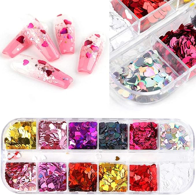 12 Colors Heart Holographic Nail Glitter Sequin Accessories Colorful 3D Heart Nail Flakes Powder UV Gel Polish Acrylic Design for Women Girls Manicure Tips False Nails Supplies Kit Decorations