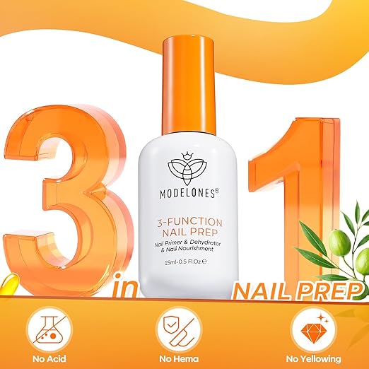 modelones Nail Dehydrator and Primer, 3-in-One HEMA-Free Nourishing Prep for Acrylic & Gel Nails, Supports Growth