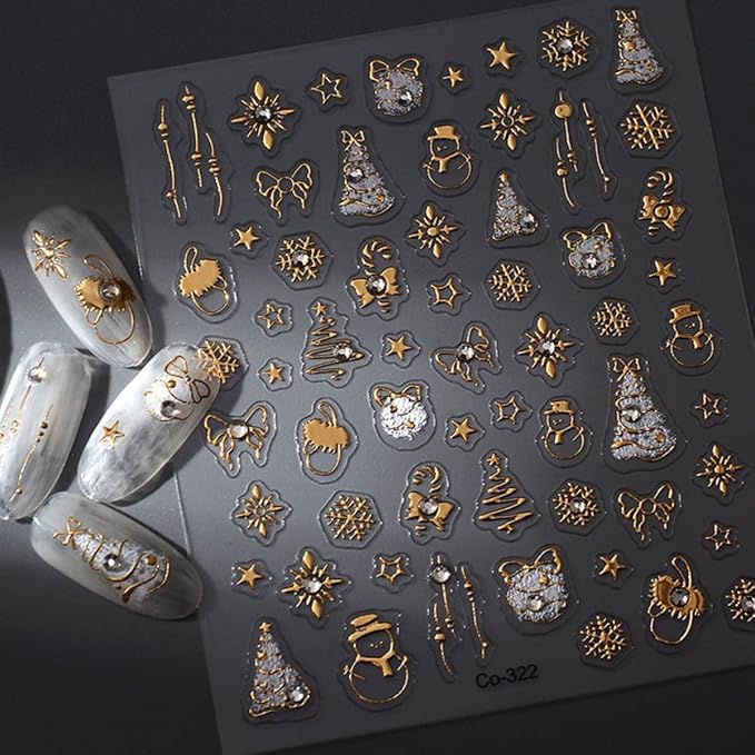 5D Embossed Christmas Nail Sticker Gold Christmas Tree Snowman Snowflake Designs Self Adhesive Nail Decals Rhinestone Winter Nail Art for Women Girls Manicure Supplies Nails Art Decorations