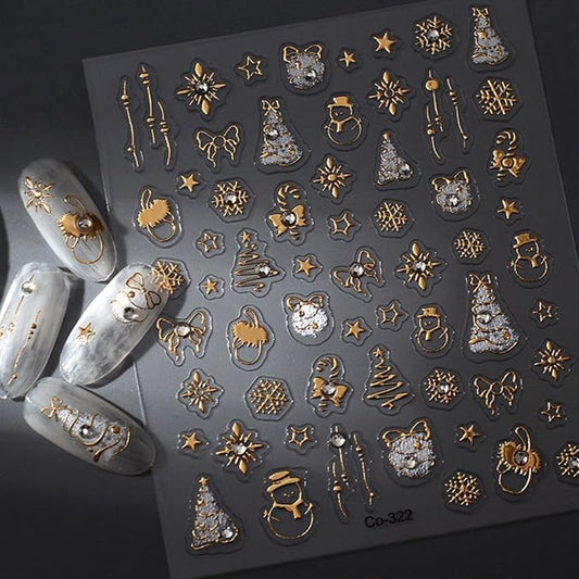 5D Embossed Christmas Nail Sticker Gold Christmas Tree Snowman Snowflake Designs Self Adhesive Nail Decals Rhinestone Winter Nail Art for Women Girls Manicure Supplies Nails Art Decorations