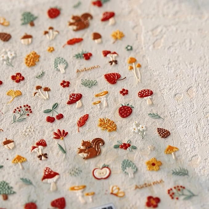 Fall Nail Art Stickers 5D Embossed Mushroom Squirrel Nail Decals 1PCS Autumn Leaves Strawberry Pinecone Autumn Nails Design Engraved Fall Stickers for Thanksgiving Day DIY Manicure Nail Art Decoration