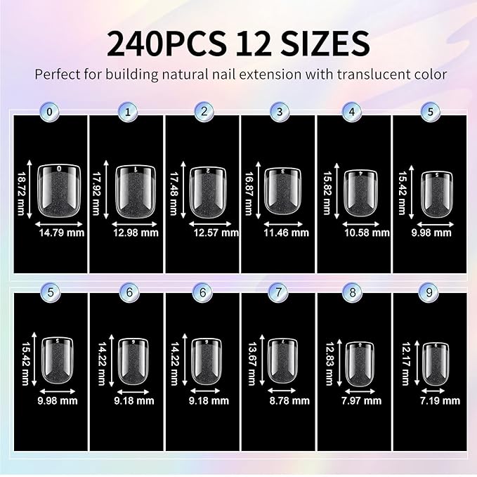Extra Short Square Nail Tips Short Soft Gel Nail Tips 240Pcs Fake Nails Pre-Shaped Half Matte Acrylic Full Cover Clear Pre Etched Nails for Nail Extension Manicure Home DIY Salon 12 Sizes