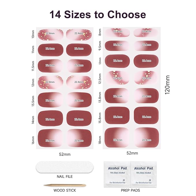 Semi Cured Gel Nail Strips,28 PCS Fall Nail Art Stickers for Holiday (Brick Red),Gel Stickers for Nails UV Light,Nail Polish Strips Includes Prep Pads, Nail File & Wood Stick