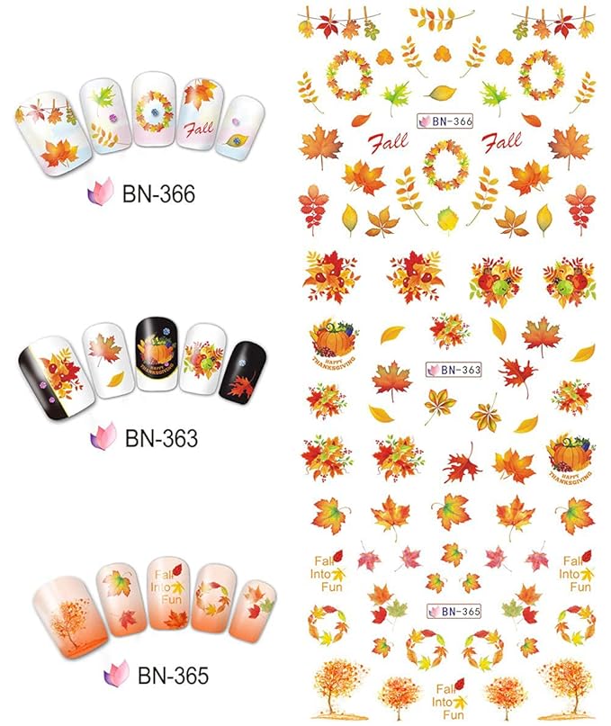 12 Sheets Fall Nail Art Stickers Thanksgiving Nail Decals Water Transfer Foils Maple Leaf Pumpkin Turkey Autumn Nail Stickers for Women Girls Kids DIY Fingernail Toenail Decoration Manicure