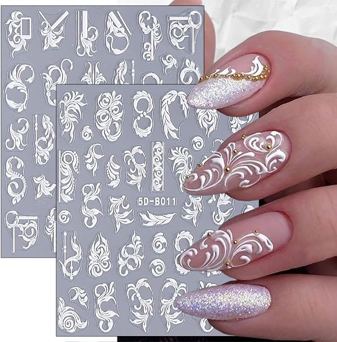 2 Sheets Embossed Flowers Nail Art Stickers Self-Adhesive White Vine Pattern Nail Supplies 5D Flower Nail Stickers for Nail Art Spring Floral Nail Decals for Women Girls DIY Nail Decoration