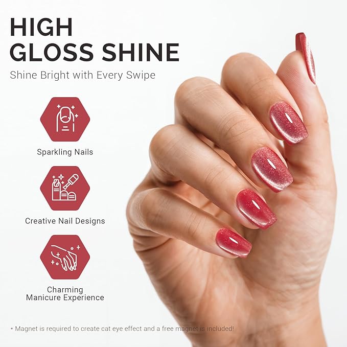 MelodySusie Jeweliver Cat Eye Gel Nail Polish, 0.5 Fl Oz Red Glitter Holographic Magnetic Nail Polish with Magnet, UV Nail Polish for Nail Art Manicure Salon DIY at Home C66