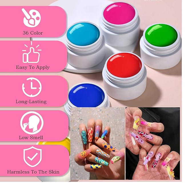 36 Colors Gel Paint Kit, Solid Gel Nail Polish Set with Nail Brush for Nails Art Whole Set Starter Manicure Nail Art Design Salon DIY at Home