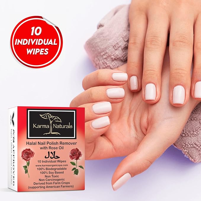 Karma Halal Nail Polish Remover Wipes with Rose Oil; Non-Toxic, Vegan, Cruelty-Free – Pack of 10