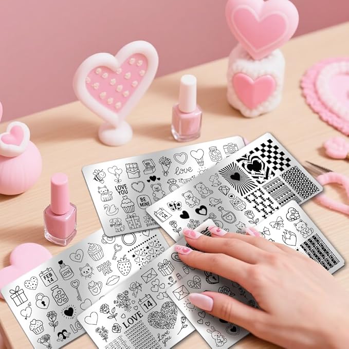 PH PandaHall 5pcs Valentine's Day Nail Stamping Plates Love Heart Nail Art Templates Tulip Rose Flower Nail Art Stencil Bows Gift Nails Stamper for Women Party Holiday Manicures Salon Printing Design