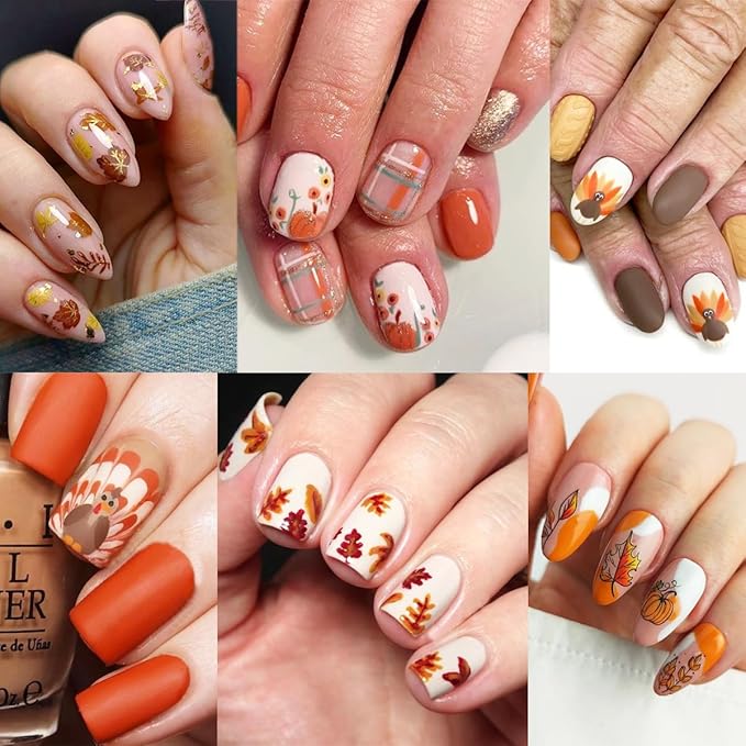 8 Sheets Thanksgiving Nail Decals 3D Self-Adhesive Autumn Pumpkins Nail Art Stickers Thanksgiving Maple Leaves Turkey Nail Art Decals Fall Maple Leaf Nail Stickers for Women Girls Nail Design Supply
