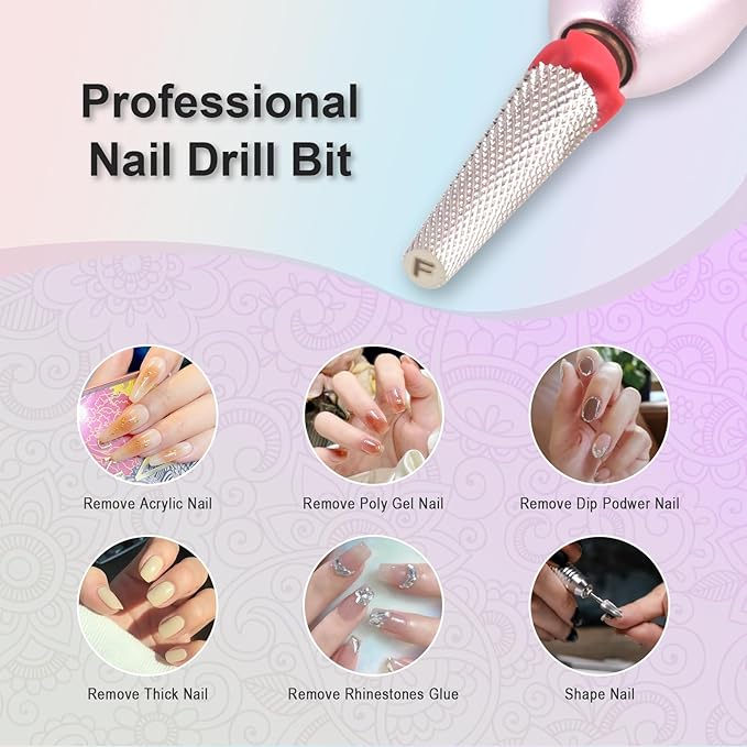Depvko Super Long 5 in 1 Nail Drill Bits, 3/32'' Carbide Tungsten Bits, Two Way Rotate Professional Advanced Safety Bits for Nail, Fast Remove for Manicure Pedicure (Long 5in1-Silver, Fine-F)