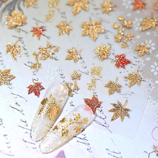1 Sheets Embossed Fall Nail Stickers for Nail Art 5D Self-Adhesive Gold Maple Leaf Nail Decals Autumn Maple Leaves Nail Art Stickers Thanksgiving Nail Design Sticker for Women Nail Decoration