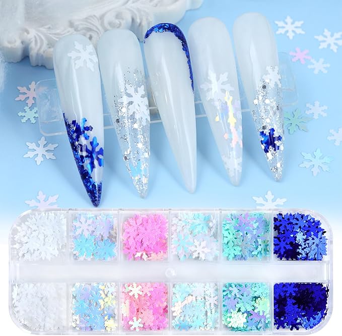 12 Grids Christmas Nail Art Glitter Sequins 3D Holographic Winter Snowflake Nail Art Glitter Flakes White Blue Pink Green Snowflake Designs Xmas Nail Decorations for Acrylic Nails Supplies
