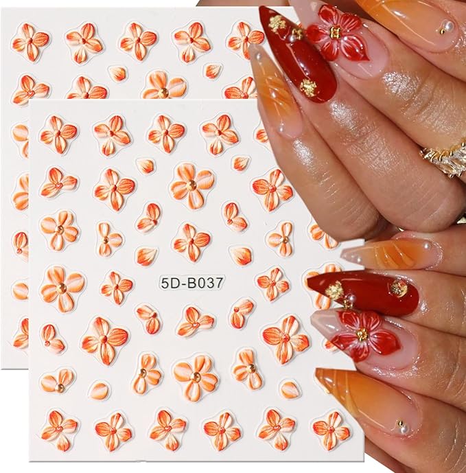 2Pcs Thanksgiving Nail Stickers Fall Decals for Nail Art Orange Flowers Nail Design White Flowers Nails Supplies 5D Embossed Yellow Flower Nials Acrylic Accessories for Women DIY Manicure Decoration