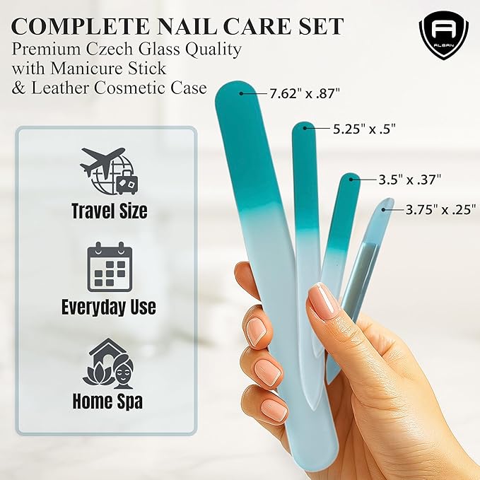 Alban Czech Glass Nail File Set with Manicure Stick & Vegan Leather Cosmetic Case (Turquoise Nail Files, Light Blue Manicure Stick & Cosmetic Case)