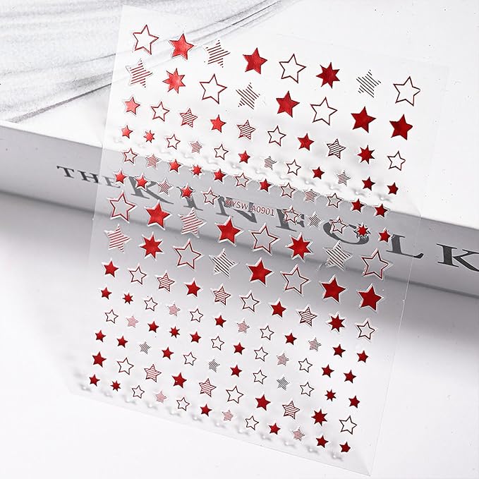12 Sheets Star Nail Stickers Blue Red White Nail Decals Independence Day with Design Nail Decals for Nail Art 3D Self-Adhesive Nail Decoration for Women 4th of July Acrylic Nails Supplies