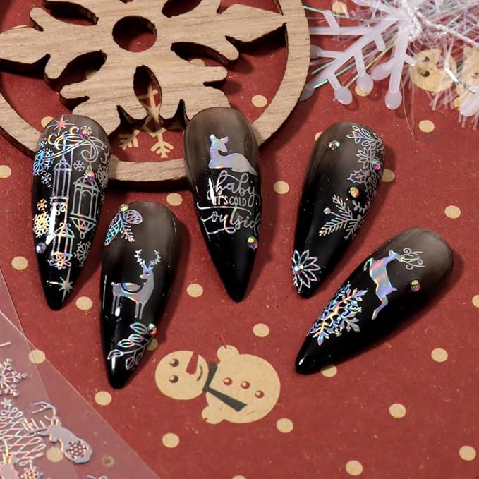 9 Sheets Aurora Christmas Nail Art Stickers Decals Self-Adhesive Pegatinas Uñas Glitter Rose Gold Snowflakes Winter Nail Supplies Nail Art Design Decoration Accessories