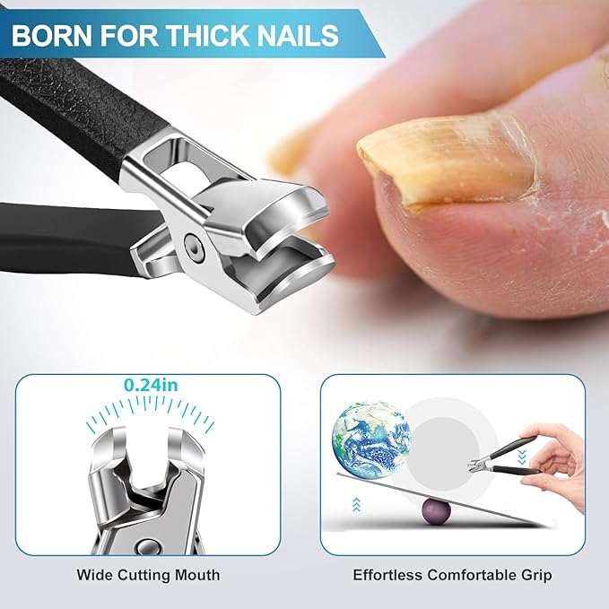 Toenail Clippers for Thick Toenails, Wide Jaw Opening Nail Clippers for Men Seniors, Large Heavy Duty Toe Nail Clippers with Rotary Head, Sharp No Splash Fingernail Clipper Cutter with Catcher