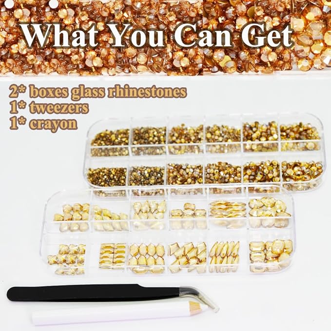 3600Pcs Champagne Gold Nail Rhinestones, MultiShapes Flatback Crystal Gems Stones, 1.5-4mm Half-Round Bedazzling Beads, Glass Diamond Jewels for DIY Nails Bling Decoration