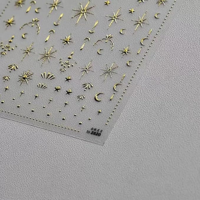 2 Sheet Gold Moon Star Nail Art Stickers Bronzing Nail Stickers for Nail Art 5D Self-Adhesive Luxury Nails Decals for Women Girls Manicure Decoration