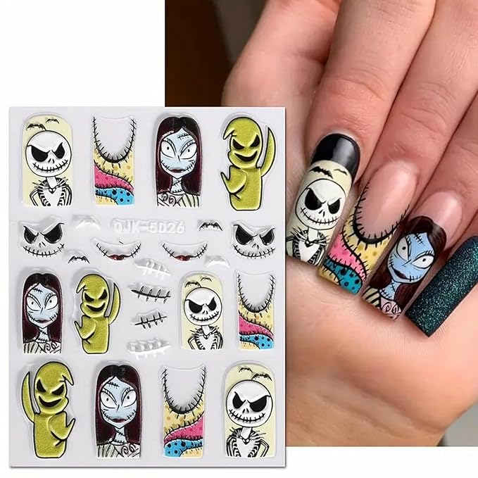 6 Pcs Halloween Nail Art Stickers Decals 5D Embossed Scary Ghost Nightmare Self-Adhesive Designs Nail Supplies Terror Scar Mask Spider Web Designs Halloween DIY Manicure Decorations for Women