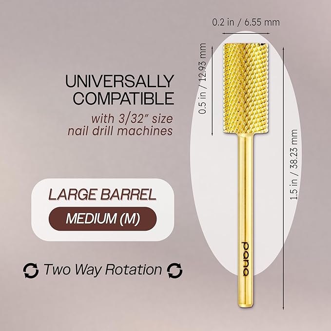 PANA Professional 3/32" Shank Size - Flat Top Large Barrel Gold Carbide Bit Medium Grit - Nail Drill Bit for Dremel Machine
