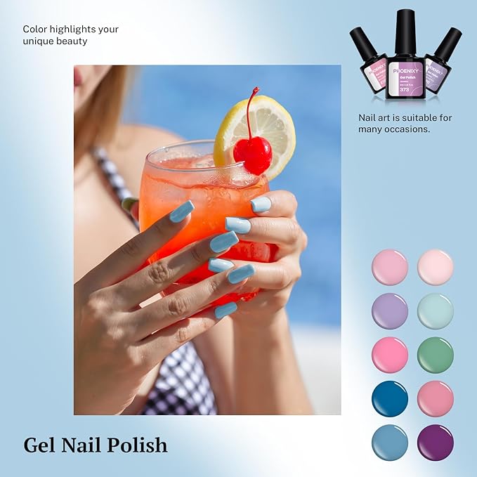 phoenixy 24 PCS Gel Nail Polish Kit，Blue Colors Gel Polish Set with Base Glossy Matte Top Coat Purple Pink Nail Polish Set