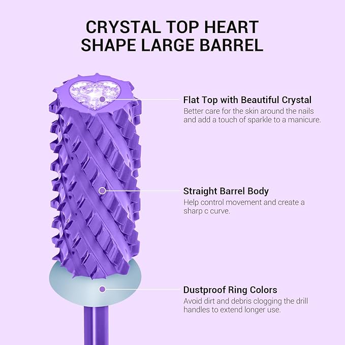 MelodySusie Large Barrel 3/32'' Tungsten Carbide Nail Drill Bit, Crystal Top Purple Heart Shape, Fast Remove Acrylic Gel, Cuticle Gel Polishing for Manicure Pedicure, Purple, Series Bit-S, 4XC