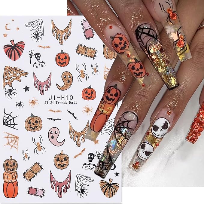 Halloween Nail Art Stickers Glitter Pumpkin Spider Web Nail Decals 3PCS Ghost Spider Gold French Tip 3D Self-Adhesive Design Halloween Nail Stickers Nail Art Supplies for Women DIY Manicure Decoration