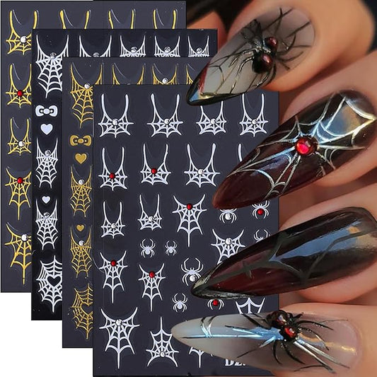 4Pcs Halloween Nail Art Stickers Decals with Rhinestones Design Spider Web Nail Stickers Glitter Gold Silver White Bow Spider Nail Decals Goth Nail Art Supplies Halloween Decoration for Manicure