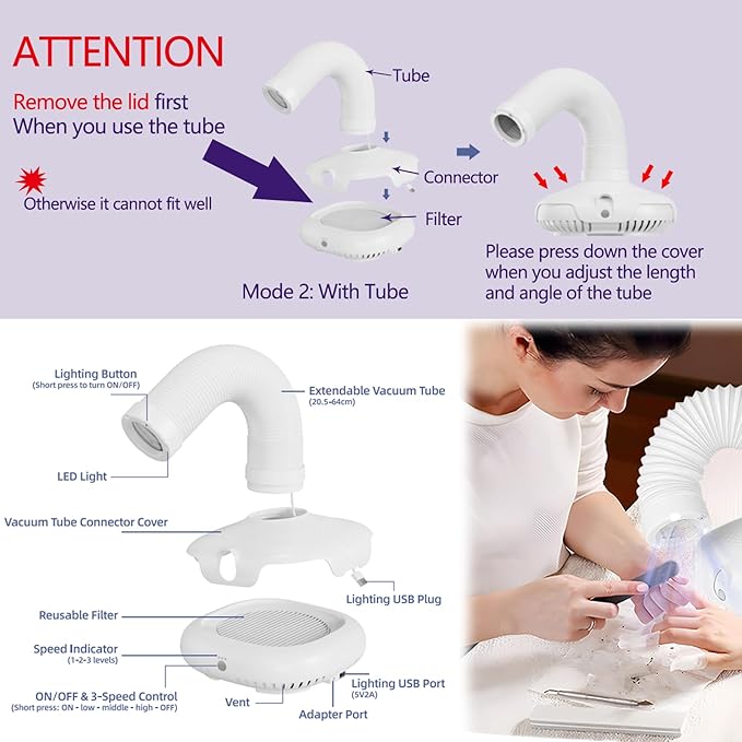 Nail Dust Collector Tech Professional with LED Light & 360° Flexible Tube, Powerful Suction (650PA), 3 Adjustable Speeds, Ultra-Quiet (45-60dB) for Dust-Free Manicure, Pedicure, Model/Craft Sanding