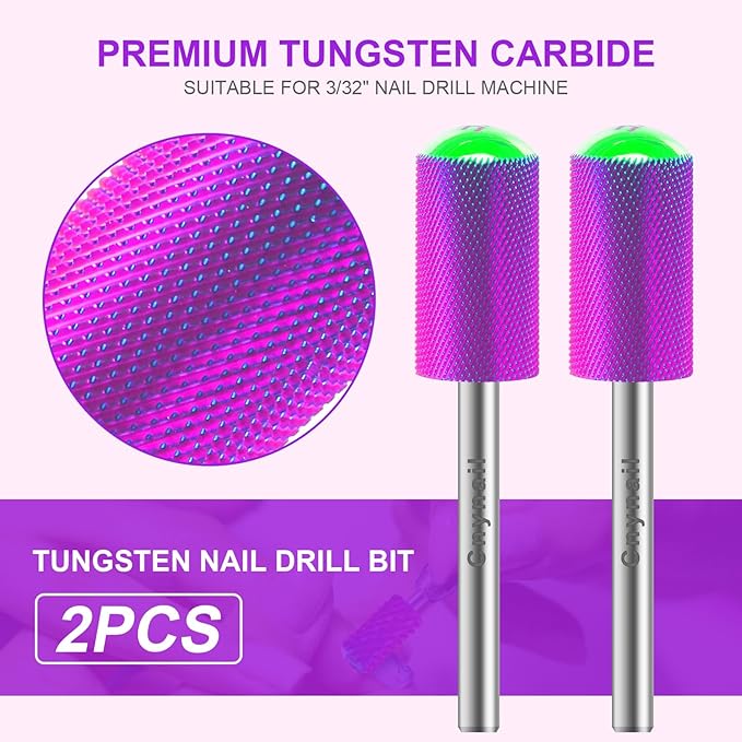 3/32" 2PCS Large Barrel Smooth Round Top Tungsten Carbide Nail Drill Bit Safety Bit for Gel & Acrylic Removal, 2-Way Rotating Efile Tip, Salon Electric File Accessory (XF Grit, Purple)