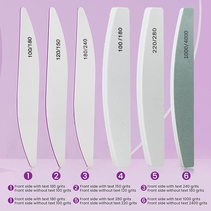6 PCS Nail File Buffer Set for File/Buffer/Shine, Nail Files Kit for Natural Acrylic Nail, Emery Boards for Thick Nails, 100/120/150/180/220/240/280/1000/4000 Grit for Salon and Home