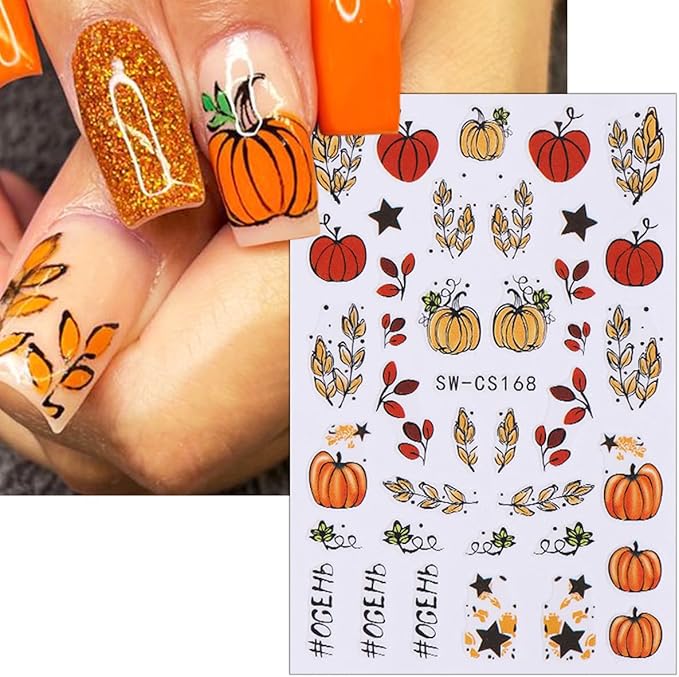 8 Sheets Pumpkin Nail Decals for Thanksgiving Art Stickers - Autumn Fruit Flower Leaf 3D Self-Adhesive Fall Decoration Supplies for Women Girls