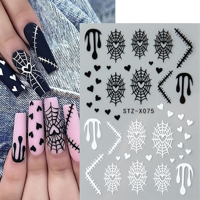 Halloween Nail Art Stickers Halloween Ghost Spider Web Nail Decals 6PCS Cute Ghost Love Heart Spider Web Boo Spider Blood Drip Self-Adhesive Nail Art Supplies Manicure Stickers for Holiday Nail Design