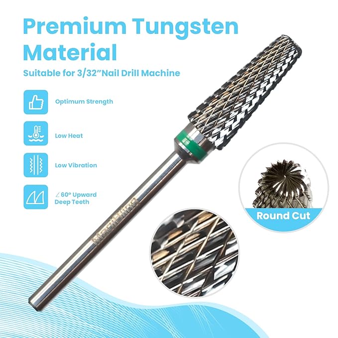 Super Cut 5 In 1 Nail Drill Bits, Tapered Barrel 3/32'' Safety Tungsten Bits, Upward Cut for Hard Gel Removal, Right Hand Use, Manicure Cuticle Gel Polishing, Technicians Bits, Coarse.