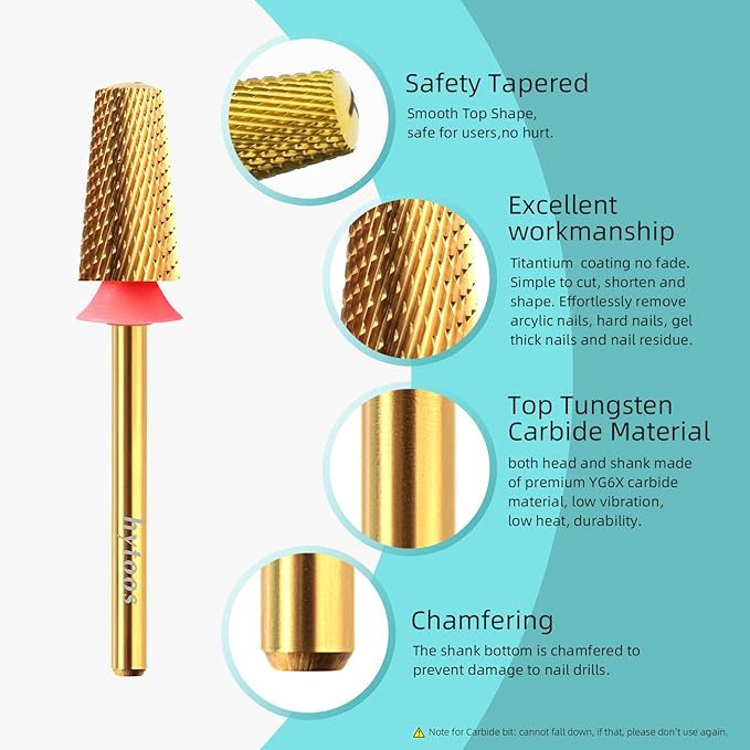 Fine Safety Tapered Nail Drill Bits,Titanium Coating Rounded Top Barrel Carbide Nail Bits, 3/32 Two-way Rotate, Manicure Nails Art Accessories Soft Gel Remover (F, titanium)